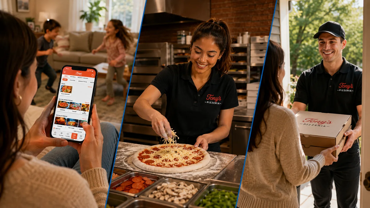 A customer ordering on the Tony's Pizzeria app, a cook topping a pizza, and a driver handing over the delivery
